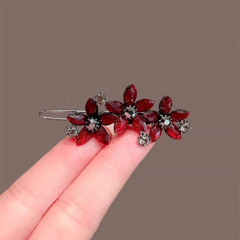 MAUROPOLI [Sẵn Sàng] Phụ Kiện Tóc Đỏ Năm Mới Kim Cương Giả Cao Cấp Hoa Kẹp Tóc Nữ Nổ Bên Kẹp Ếch Khóa Kẹp Phẳng