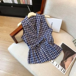 Áo sơ mi không tay phong cách Hàn Quốc, kẻ sọc ôm eo vintage