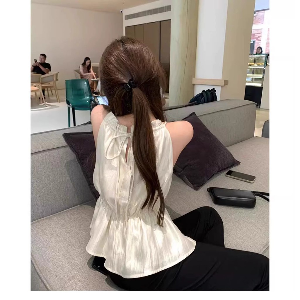 Áo 2 dây croptop Áo yếm dáng rộng cổ xù không tay mùa hè phù hợp cho hẹn hò du lịch hàng ngày