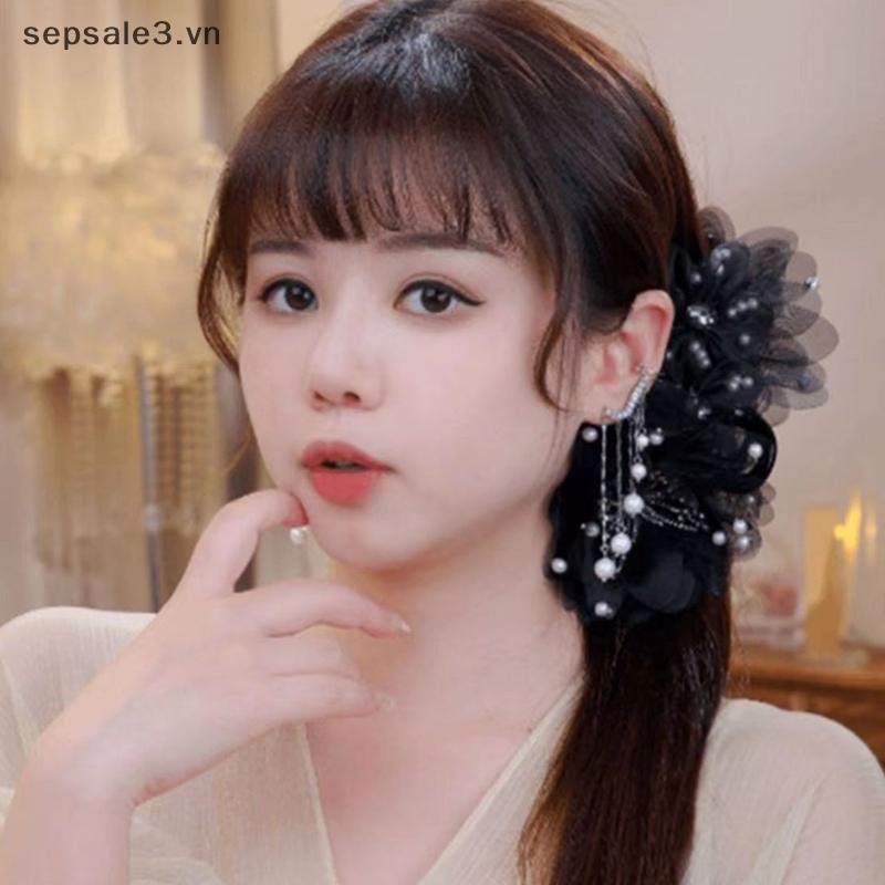 # VN # Nữ Lưới Hoa Ngọc Trai Cua Vuốt Tóc Nữ Cô Gái Tính Khí Thời Trang Mũ Đen.