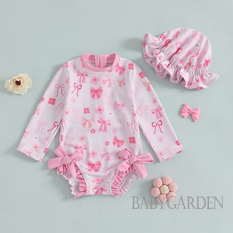 / / -3tháng 3 tuổi Đồ bơi bảo vệ phát ban cho bé gái có mũ chống nắng Bộ đồ tắm dài tay in nơ