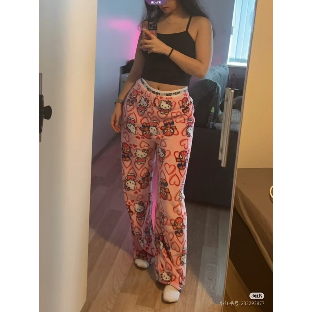 Hoạt Hình Người Nhện HelloKitty Flannel Pyjama Quần Thu Đông Quần Rời Dày Đệm Ấm Áp Quần Nhà [BL]