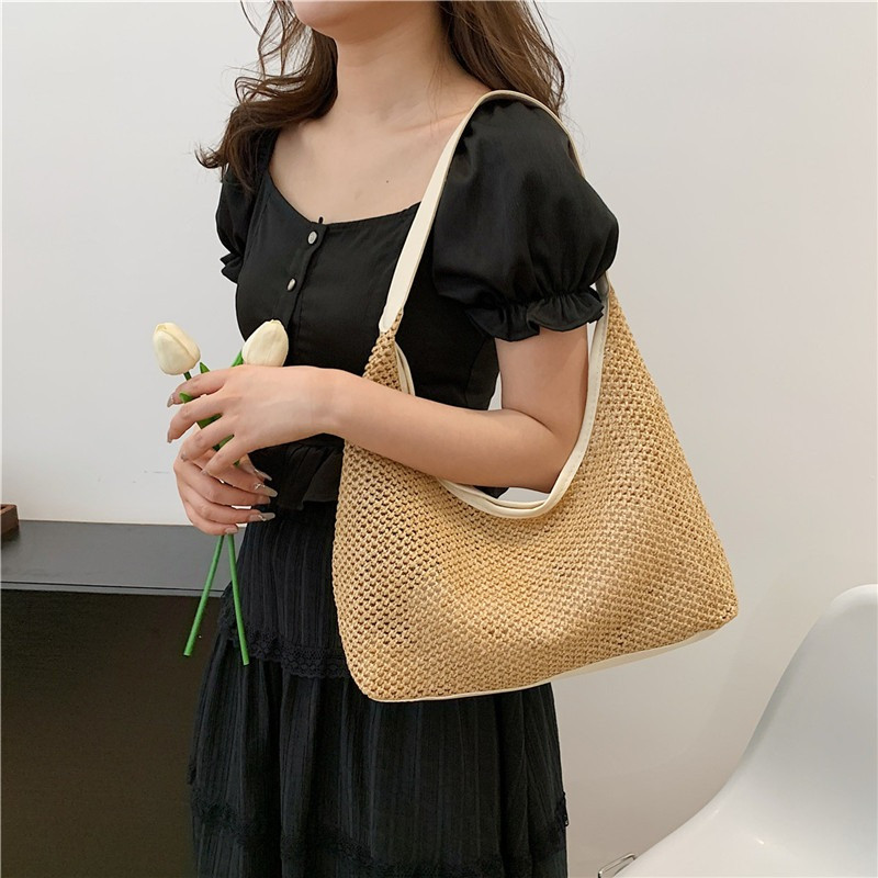 Túi xách cói nữ, Sức Chứa Lớn, Phong Cách Vintage Sang Chảnh,  Quai Da Đơn Giản, Nhẹ Nhàng Cho Nữ
