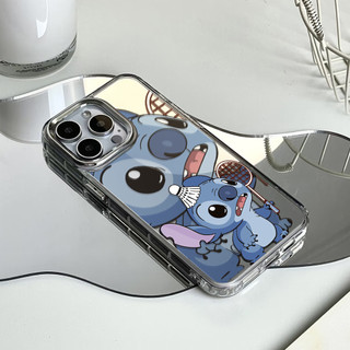 Ốp điện thoại cầu lông Stitch chơi cho iPhone 16 / 15 / 14 / 13 / 12 / 11 / PRO MAX / MINI / PLUS / X / XR gương chống rơi và chống sốc Vỏ bảo vệ lỗ lớn