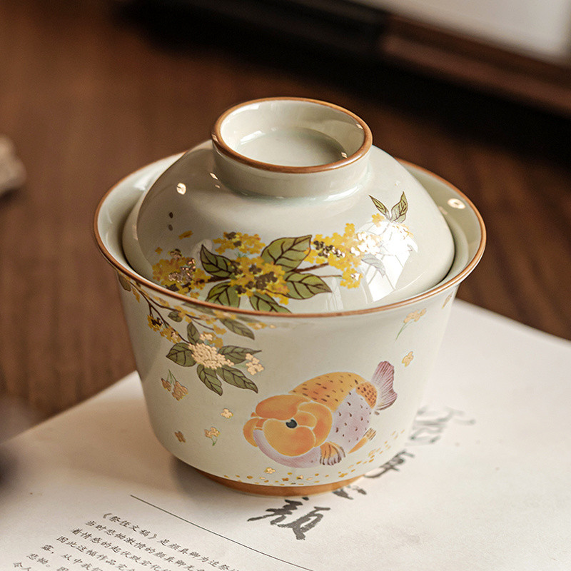 ✨Cỏ Xám Quế Vàng Ercai Gaiwan Gốm Hộ Gia Đình Retro Bộ Trà Kung Fu Cao Cấp