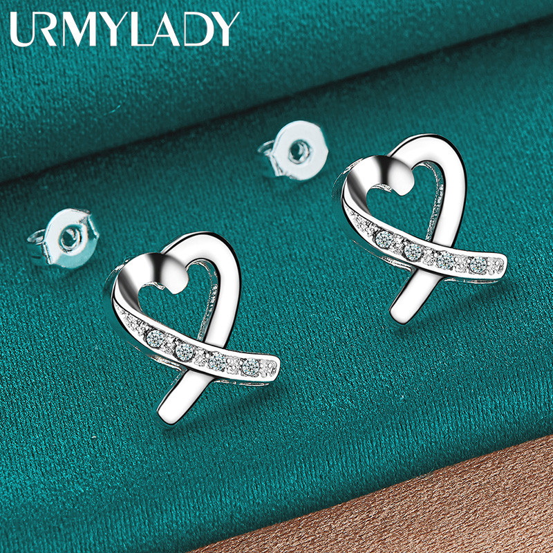 URMYLADY Bạc 925 Trái Tim Tình Yêu Zircon Bông Tai Dành Cho Nữ Tiệc Cưới Trang Sức Thời Trang