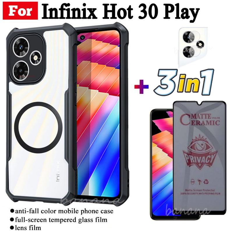 Ốp điện thoại chống sốc 3 trong 1 Infinix Hot 30 Play có nhãn dán sạc không dây từ tính cho Infinix Hot 30 4G Hot 30i 40i 40 Pro Bảo vệ toàn diện Kính cường lực + Phim ống kính