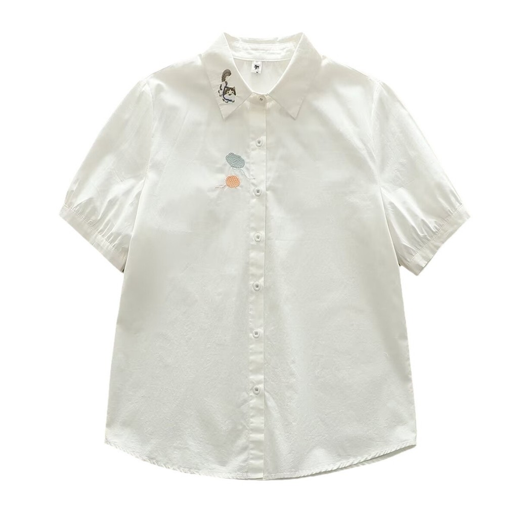 Áo sơ mi nữ tay ngắn họa tiết mèo cáo thêu, 100% cotton chất lượng cao, phù hợp mùa hè
