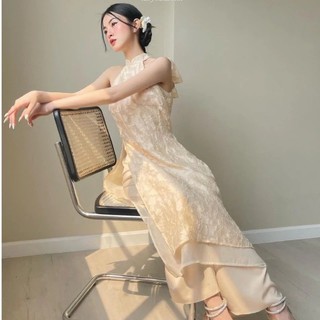 Áo Yếm Nữ, áo dài nữ thiết kế cổ yếm màu kem 4 tà phối nơ sau lưng- Jn Design J58