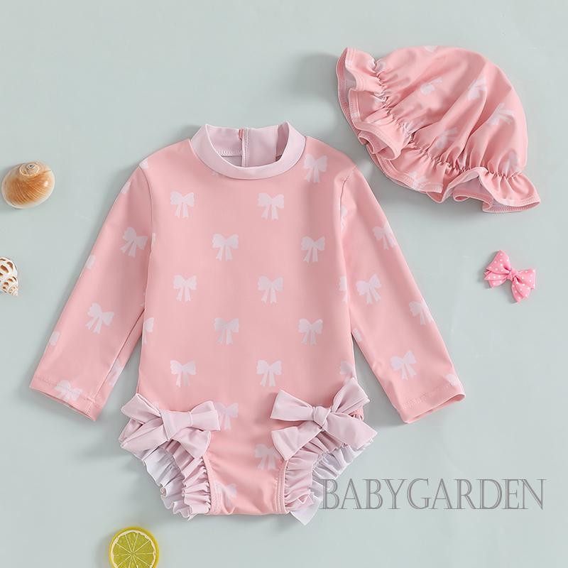 / / -3tháng 3 tuổi Đồ bơi bảo vệ phát ban cho bé gái có mũ chống nắng Bộ đồ tắm dài tay in nơ