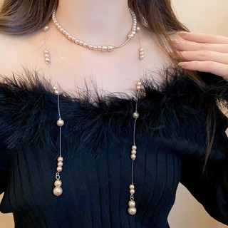 Vòng cổ ngọc trai dài dành cho nữ retro thanh lịch và thời trang chuỗi xương đòn phụ kiện khí chất cao cấp