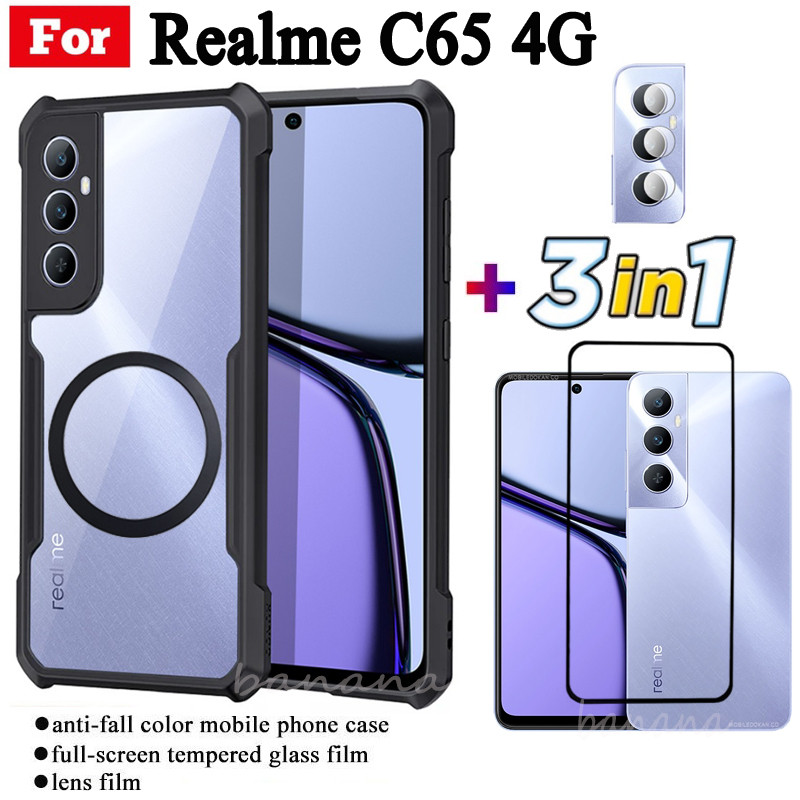 Ốp điện thoại chống sốc 3 trong 1 Realme C65 4G có nhãn dán sạc không dây từ tính cho Realme C75 C67 C61 C63 C53 C51 Note 50 60 Kính cường lực bảo vệ toàn diện + Phim ống kính