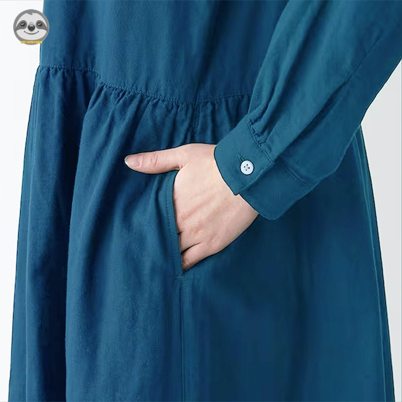 Phong cách Nhật Bản Muji Style - Váy chui đầu cotton dài tay dáng rộng