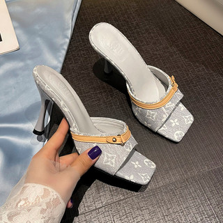 Dép nữ La Mã cao gót Denim mới mùa hè