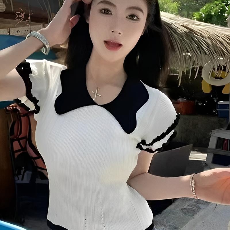 HNKMP áo thun nữ mùa hè cổ rỗng, tay ngắn, màu sắc tương phản