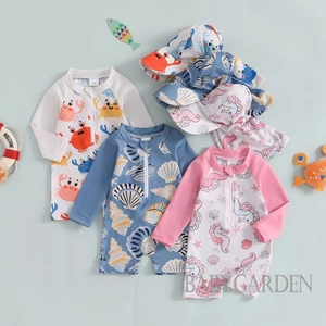 / / -3Month-3years Bé Trai Bé Gái Rash Guard Đồ Bơi Có Mũ Họa Tiết Vỏ Cá Ngựa Kéo Dài Tay Cổ Thủy Thủ Đoàn Đồ Bơi