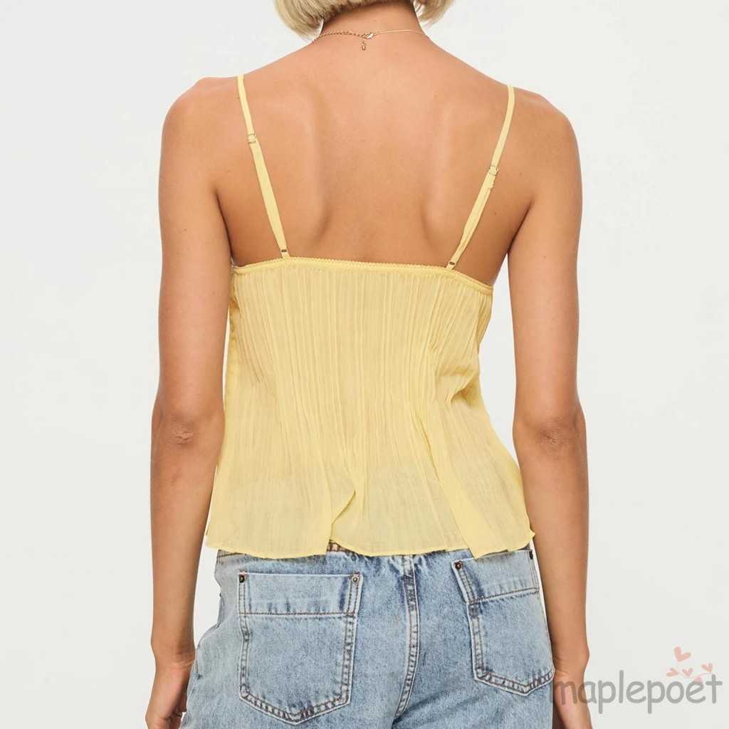 Maplepoet-nữ Xếp Ly Mini Nơ Phía Trước Spaghetti Dây Đeo Cổ Chữ V Ren Tank Tops