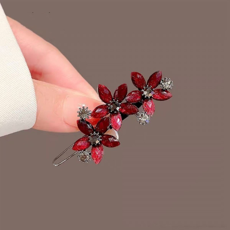MAUROPOLI [Sẵn Sàng] Phụ Kiện Tóc Đỏ Năm Mới Kim Cương Giả Cao Cấp Hoa Kẹp Tóc Nữ Nổ Bên Kẹp Ếch Khóa Kẹp Phẳng