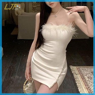 Ljf Đầm quây Nữ Lông Vũ Cổ Đính Hạt Khe Sinh Nhật Đầm Quấn VN