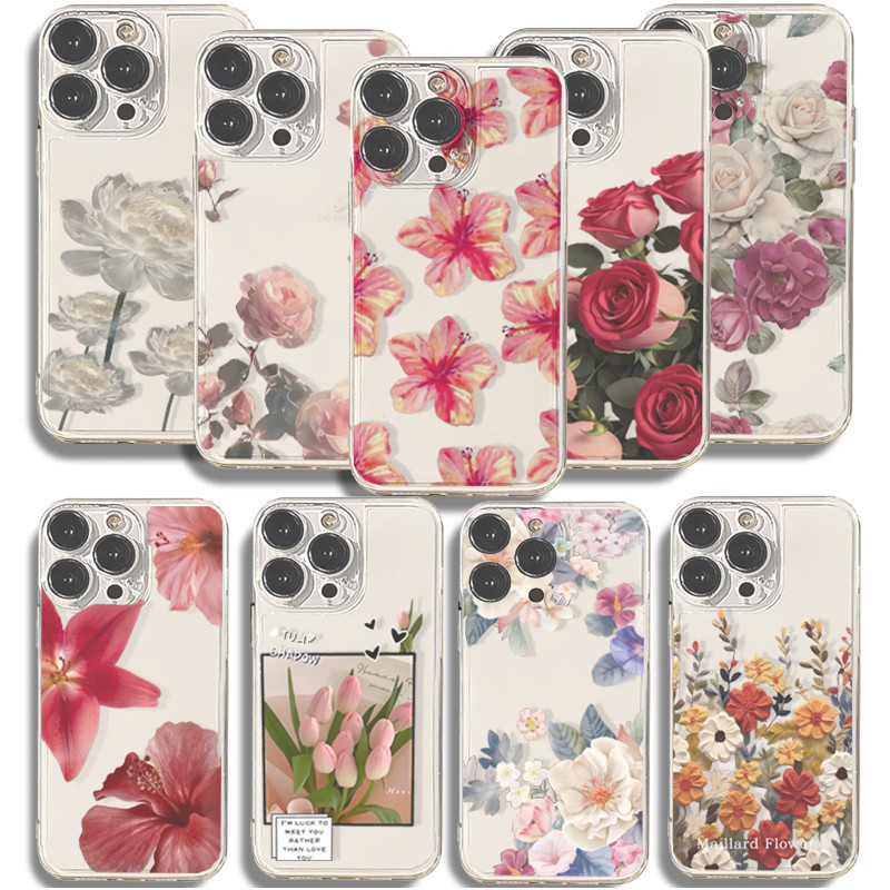 Ốp Điện Thoại Cho iPhone 12 13 14 Pro Max Plus Mini cover Vintage Y2K Hoa Hồng Hoa Trong Suốt Đơn Giản Chống Sốc Mềm Mại
