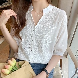 Nữ Mùa Hè 2025 Mới Nguyên Chất Cotton Thời Trang Áo Sơ Mi Đứng Cổ Thêu Rỗng Ra Năm Inch Tay Áo