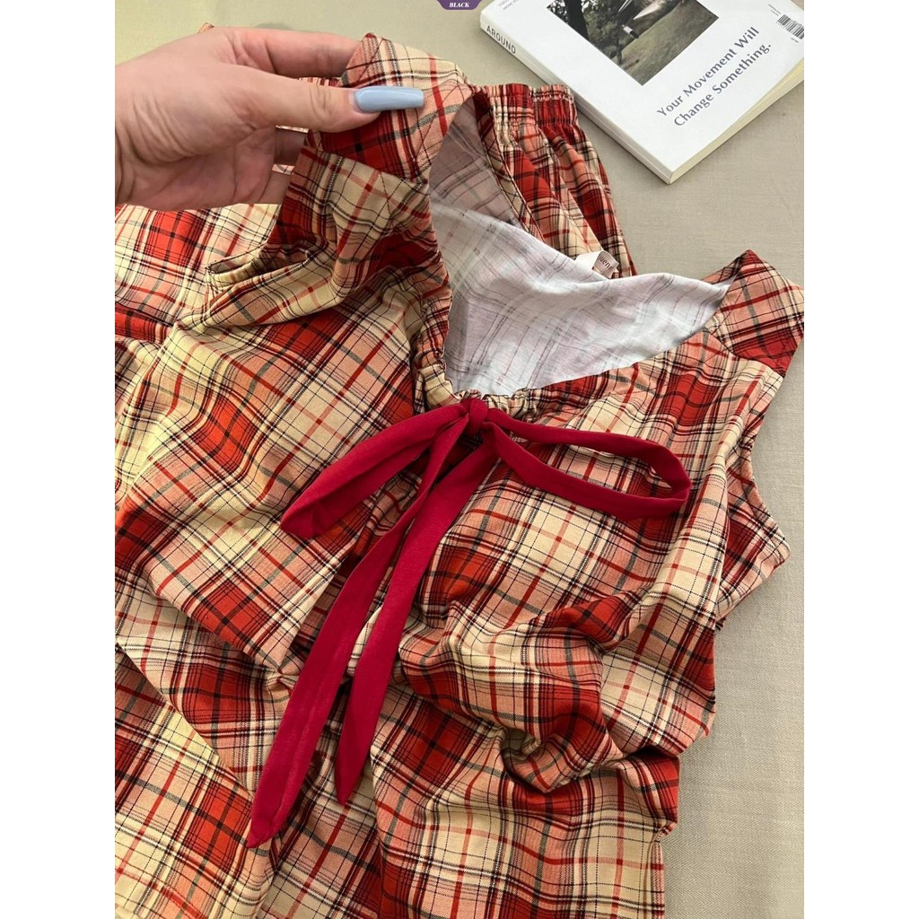 Nhật Bản Ins Bộ Đồ Ngủ Kẻ Sọc Đỏ Nữ Mùa Hè Bật Lên Mỏng Suspender Quần Short Hai Mảnh Homewear [BL]