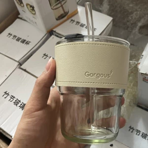 Cốc Thủy Tinh 400ML Bọc Da Cao Cấp Tặng Kèm Nắp Đậy Và Ống Hút-GIOVA