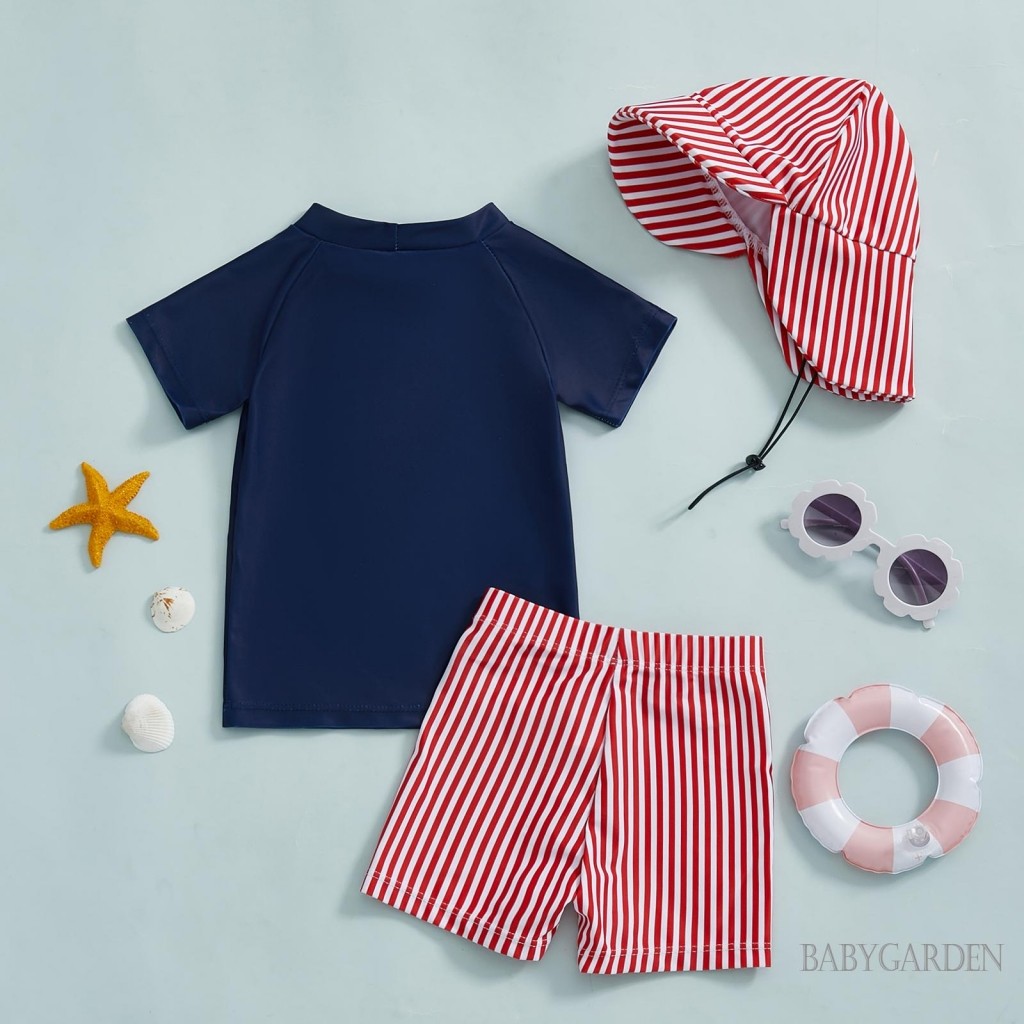/ / -0-4 Tuổi Bộ đồ bơi bé trai tập đi in hình cá mập Áo bảo vệ phát ban ngắn tay + Quần Short + Mũ chống nắng 3 chiếc Trang phục bộ đồ tắm