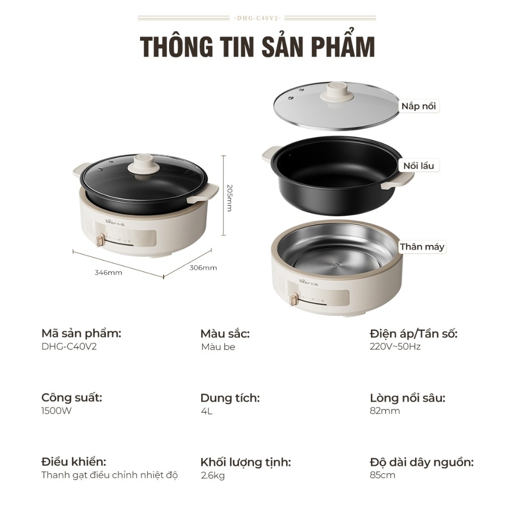 (KOL) Nồi Lẩu Nướng Điện Đa Năng Bear DHG-C40W2 (HP-4H40D) - Đế Tách Rời, Tiết Kiệm Điện - Hàng Chính Hãng