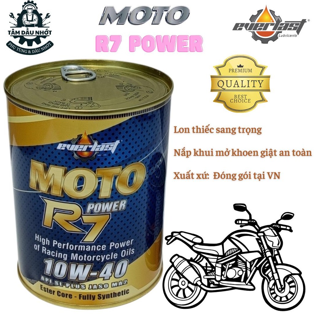 Dầu Nhớt xe số/côn tay - Everlast MOTO R7 POWER 10W40 SL 0.8L JASO MA2 - Khuyến mãi tặng ốc nhớt đầu nam châm
