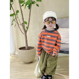 Mùa Xuân Thu Mới Bé Trai Bé Gái Dài Tay Đáy Áo Sơ Mi Trẻ Em Bé Thời Trang Hàn Quốc Cổ Tròn Sọc Áo