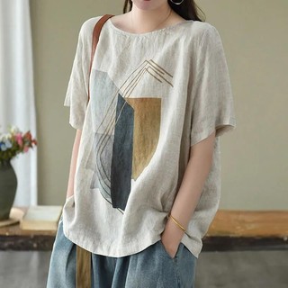 Vải lanh Cotton mỏng cỡ lớn cổ tròn thêu dáng rộng