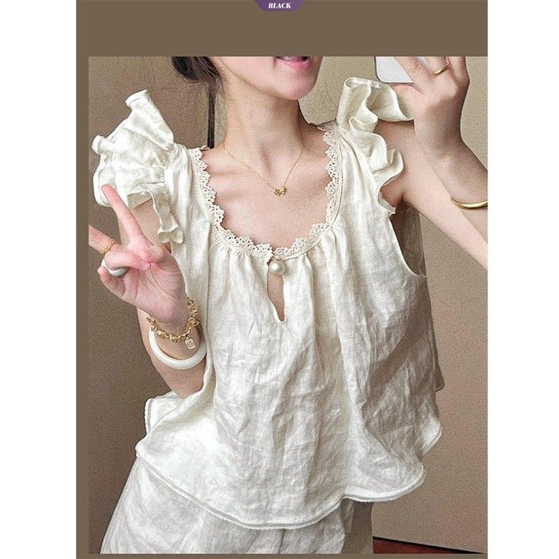 Pháp 2025 Bộ Đồ Ngủ Nữ Mùa Hè, Ren Ngọt Ngào, Quần Short màu Trơn [BL]