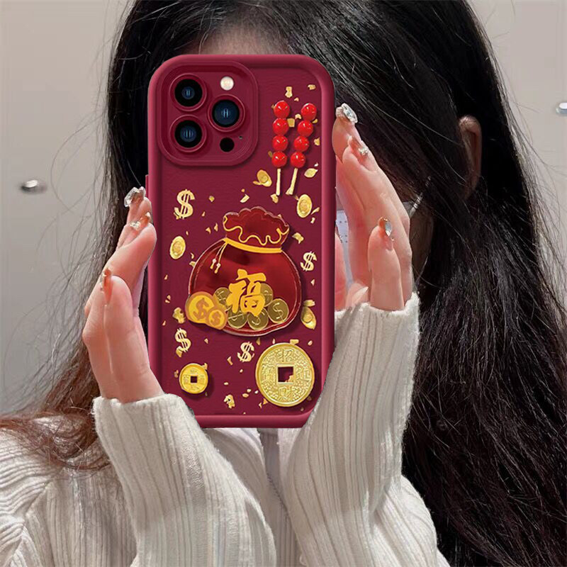 Năm Mới Màu Đỏ 3D Túi May Mắn Vàng Đồng Xu Điện Thoại Dành Cho Samsung Galaxy A22 A33 A53 A25 5G S20 S21 S22 S23 Plus S20FE S21FE Note 20 Ultra Vỏ Silicon Mềm Matte Cover
