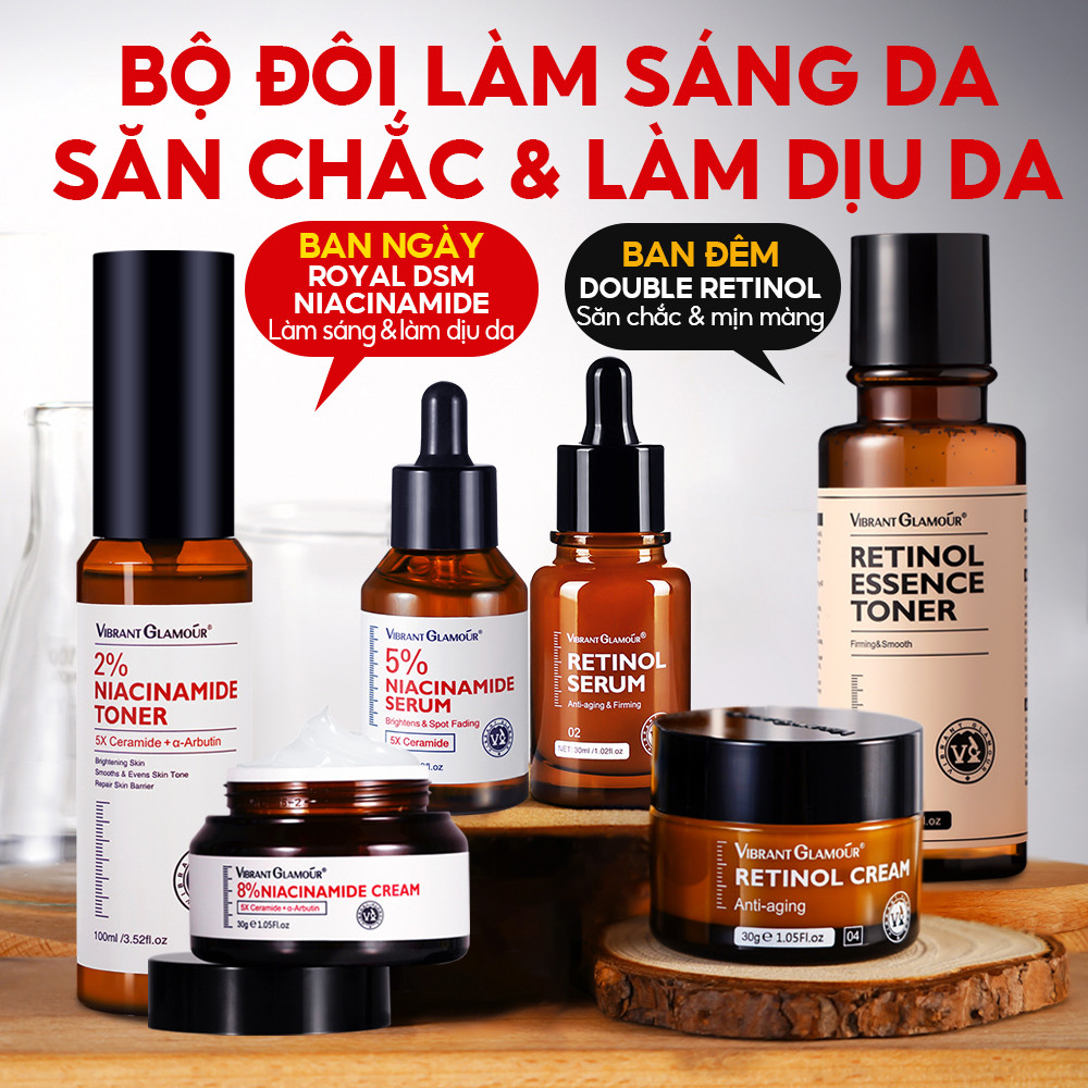 Ảnh Chăm Sóc Cơ Bản Sáng Dùng Niacinamide + Tối Dùng Retinol 6PCS VIBRANT GLAMOUR, Chăm Sóc Suốt Cả Ngày & Chống Lão Hóa Lâu Dài & Làm Trắng Mờ Thâm & Phục Hồi Da Tổn Thương & Bổ Sung Collagen 1