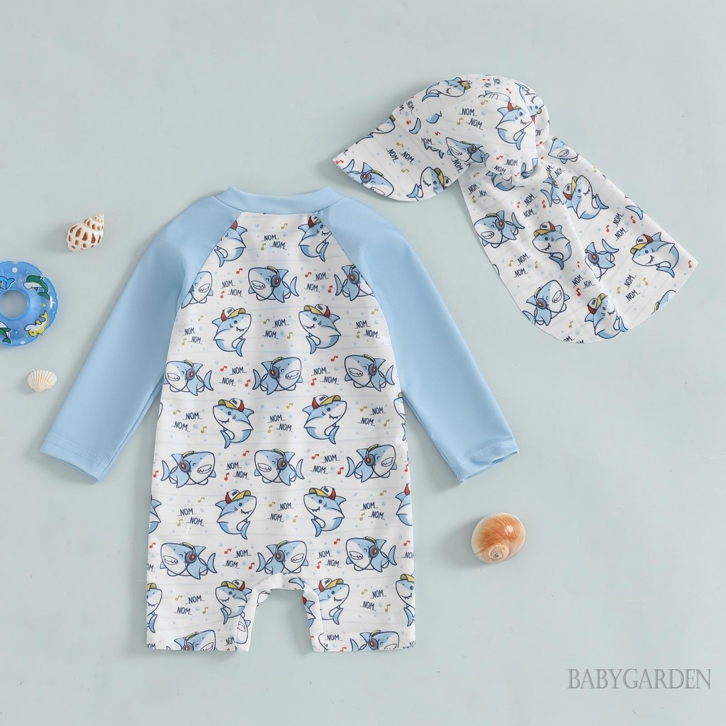 / / -6Month-4 Tuổi Đồ bơi bảo vệ phát ban cho bé trai có mũ Khủng Long / Cá mập Bộ đồ tắm có khóa kéo dài tay in hình cá mập