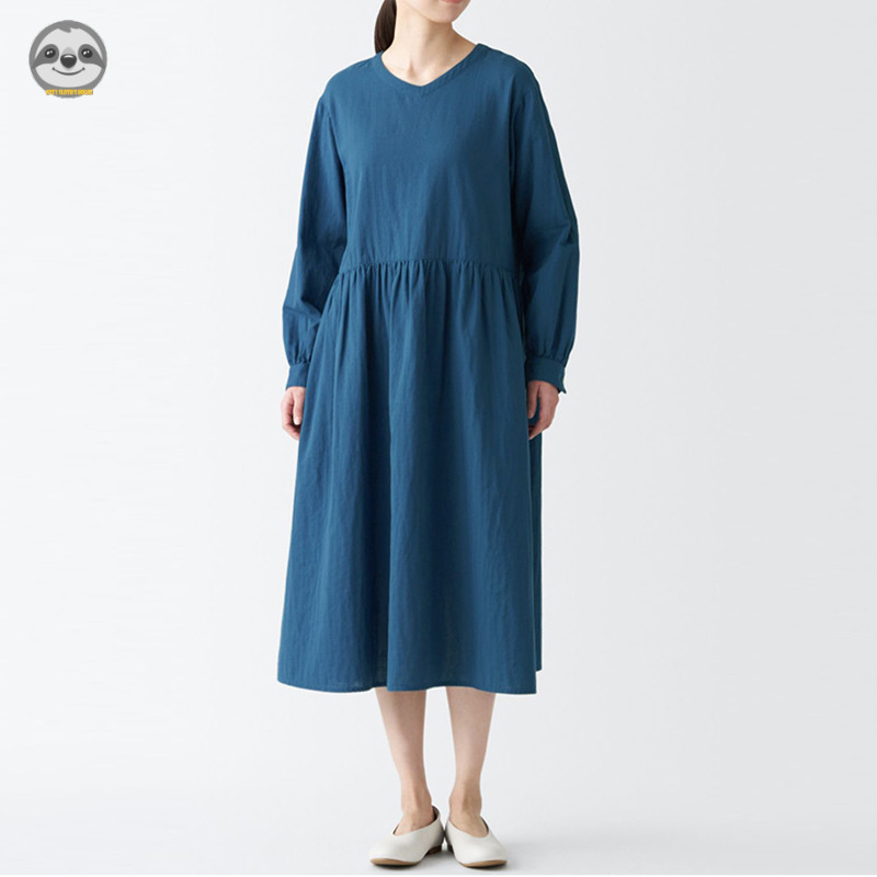 Phong cách Nhật Bản Muji Style - Váy chui đầu cotton dài tay dáng rộng