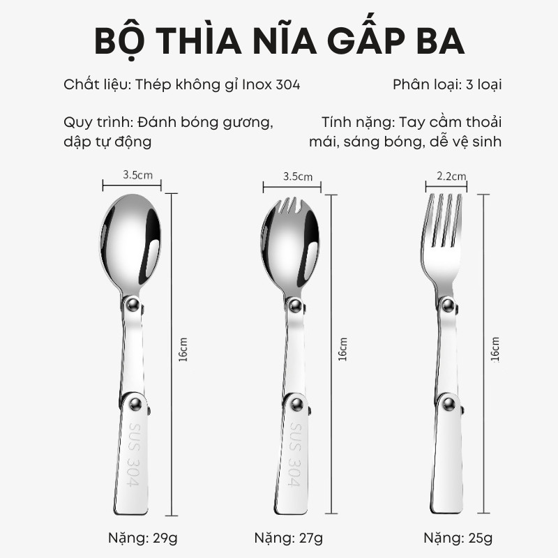 Bộ Thìa Nĩa Gấp Ba Inox 304 Không Gỉ Cao Cấp – Gấp Gọn, Cầm Êm, Mang Đi Dã Ngoại, Camping, Đi Học Đi Làm Tiện Lợi| 305