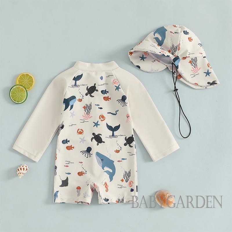 / / 0-3 Tuổi Bé Trai Dài Tay Đồ Bơi Và Mũ Thường Ngày In Hình Động Vật Hàng Hải Dây Kéo Rash Guard Đồ Đi Biển Bộ Đồ Tắm