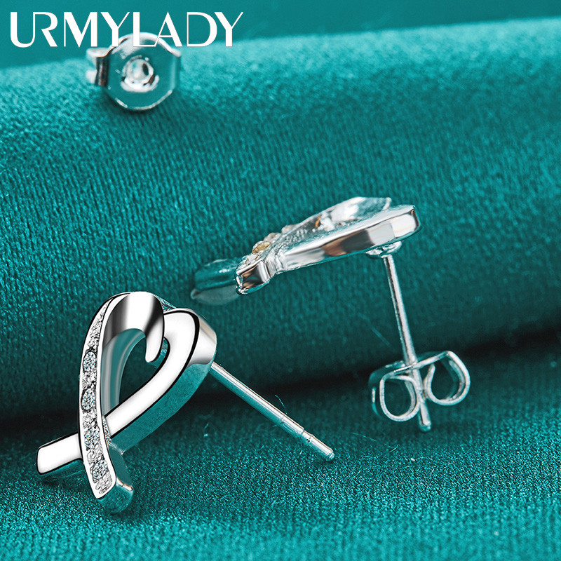 URMYLADY Bạc 925 Trái Tim Tình Yêu Zircon Bông Tai Dành Cho Nữ Tiệc Cưới Trang Sức Thời Trang