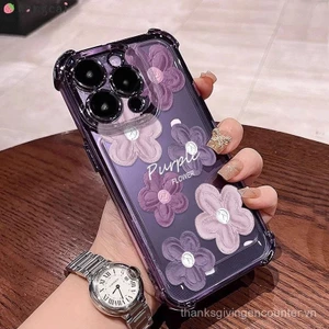 Ốp điện thoại tương thích với iPhone 16 15 14 Plus 13 Pro Max Ốp mềm chống sốc chống sốc họa tiết hoa sơn dầu màu tím phong cách Hàn Quốc Ốp lưng