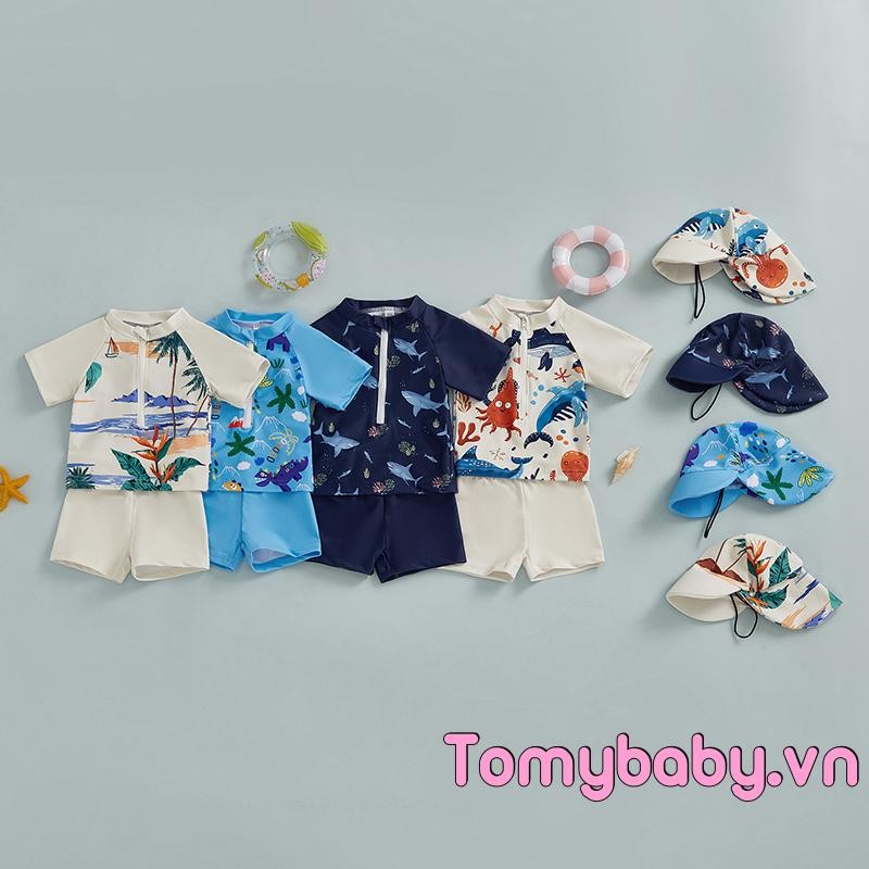 Bộ Đồ Bơi Bé Trai Mùa Hè In Hình Dễ Thương Dây Kéo Áo Tay Ngắn + Quần Bơi + Mũ Đồ Bơi
