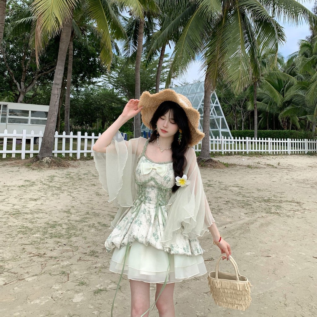 [YU]Set váy hai dây công chúa phối áo khoác mỏng, phong cách yêu tinh rừng, dịu dàng bay bổng.