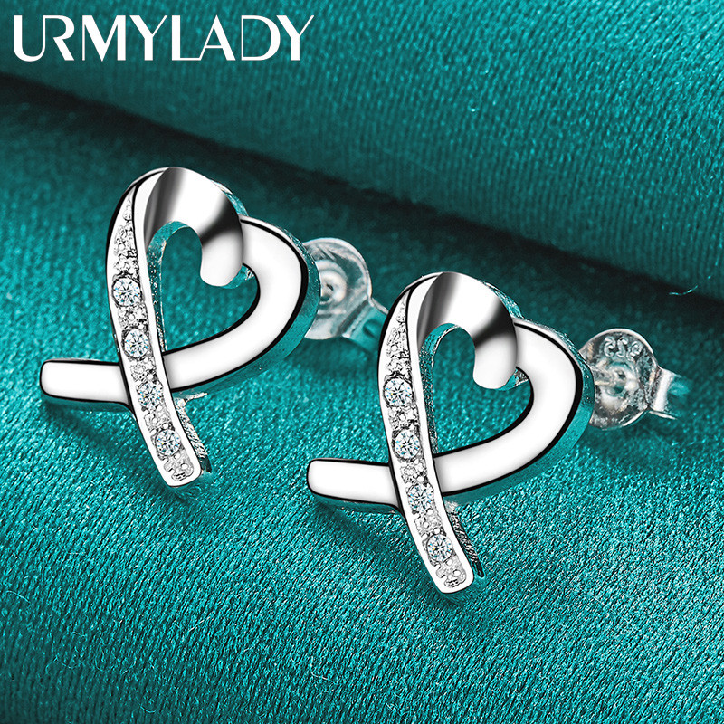 URMYLADY Bạc 925 Trái Tim Tình Yêu Zircon Bông Tai Dành Cho Nữ Tiệc Cưới Trang Sức Thời Trang