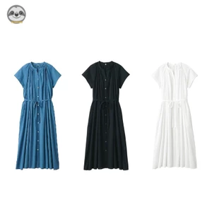 Phong cách Nhật Bản Muji - Váy ngắn tay cotton màu trơn có dây rút - Áo sơ mi dài văn học dáng rộng mỏng hơn