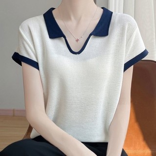 Cổ Polo Áo Len Tay Ngắn Mùa Hè Nữ Phong Cách Mới Thời Trang Rời Đơn Giản Phiên Bản Hàn Quốc Áo Thun Cổ Chữ V Sang Trọng Hàng Đầu