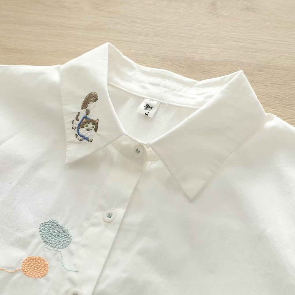 Áo sơ mi nữ tay ngắn họa tiết mèo cáo thêu, 100% cotton chất lượng cao, phù hợp mùa hè