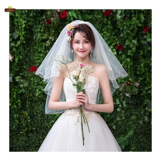 Khăn che mặt cô dâu ngắn 2 tầng đính hạt, có lược kim loại - phù hợp đám cưới và tiệc cưới độc thân