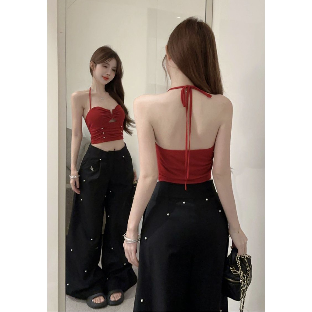 Áo 2 dây croptop Gợi Cảm Rỗng Nhỏ Chữ V Dây Cổ Ren-Up Áo Vest Mùa Hè Hẹp Ôm Hơn Nhìn Nẹp Đầu Ngắn Phù Hợp Với