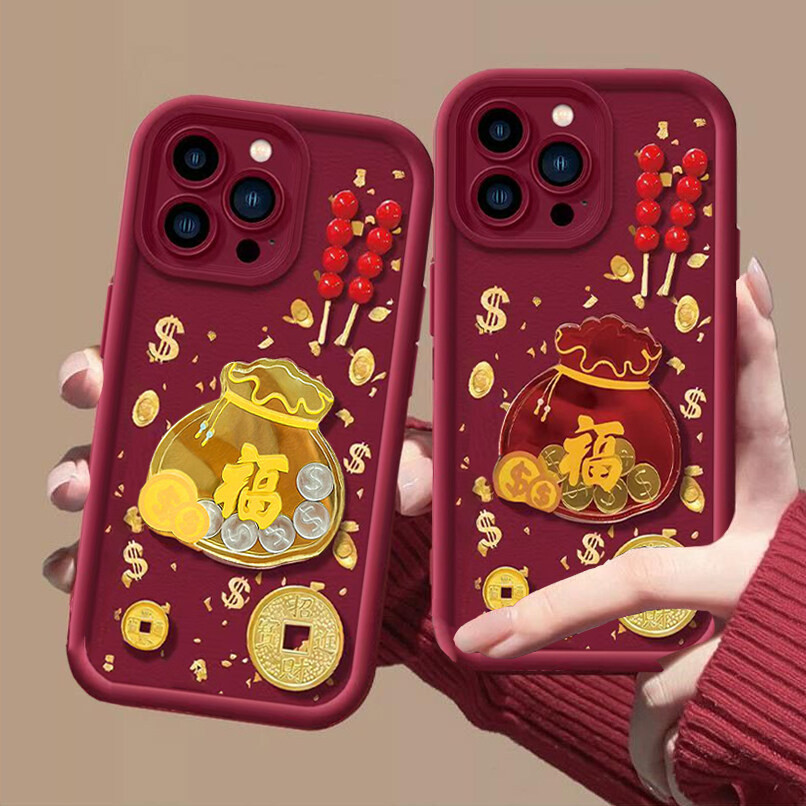 Năm Mới Màu Đỏ 3D Túi May Mắn Đồng Xu Vàng Ốp Lưng Điện Thoại IPhone 11 12 13 14 15 16 Pro MAX Plus X XS XR XS MAX 7 8 Plus Vỏ Silicon Mềm Cặp Đôi Chống Sốc Matte Cover